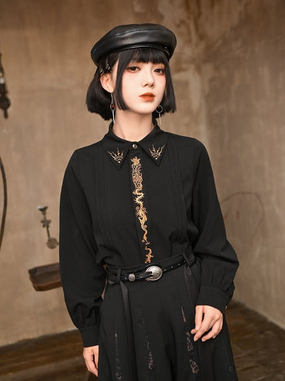 Gold Button Embroidery Black Placket Gothic Animal with Cheongsam Blouse
