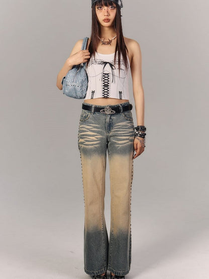 Full Distressed Vintage Pockets Low-Rise Mud Embroidered Jeans Seam with Blue Rivet Punk