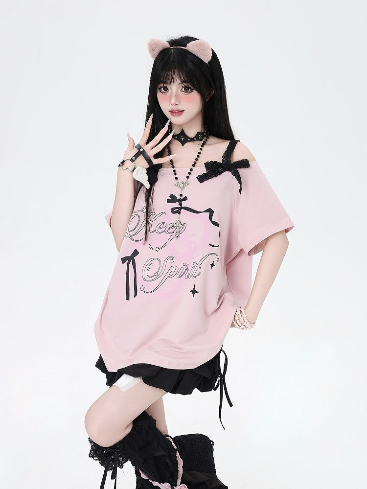 Pink Graphic T-Shirt Off-the-Shoulder Neckline with Lace Bows
