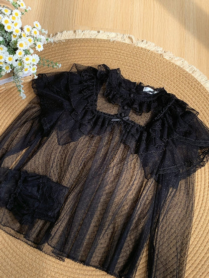 Dots Long Top Tulle Sleeves Black Sheer Lace