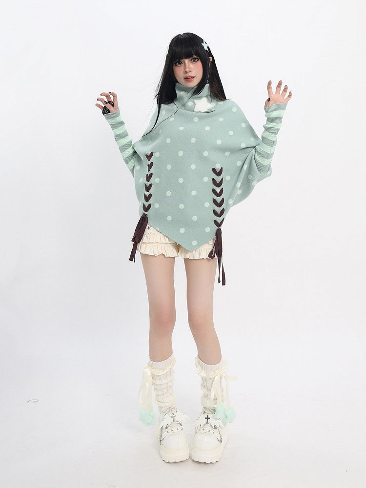 Mint Green Y2K Turtleneck Sweater with Polka Dots, Pointed Hem & Lace-Up - Catwish