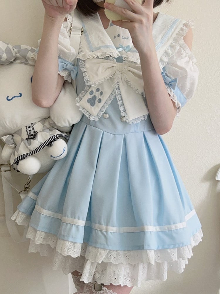 Trim Collar Blue Sailor Lace Daily Shoulder Cutout Kawaii Dress White with Design