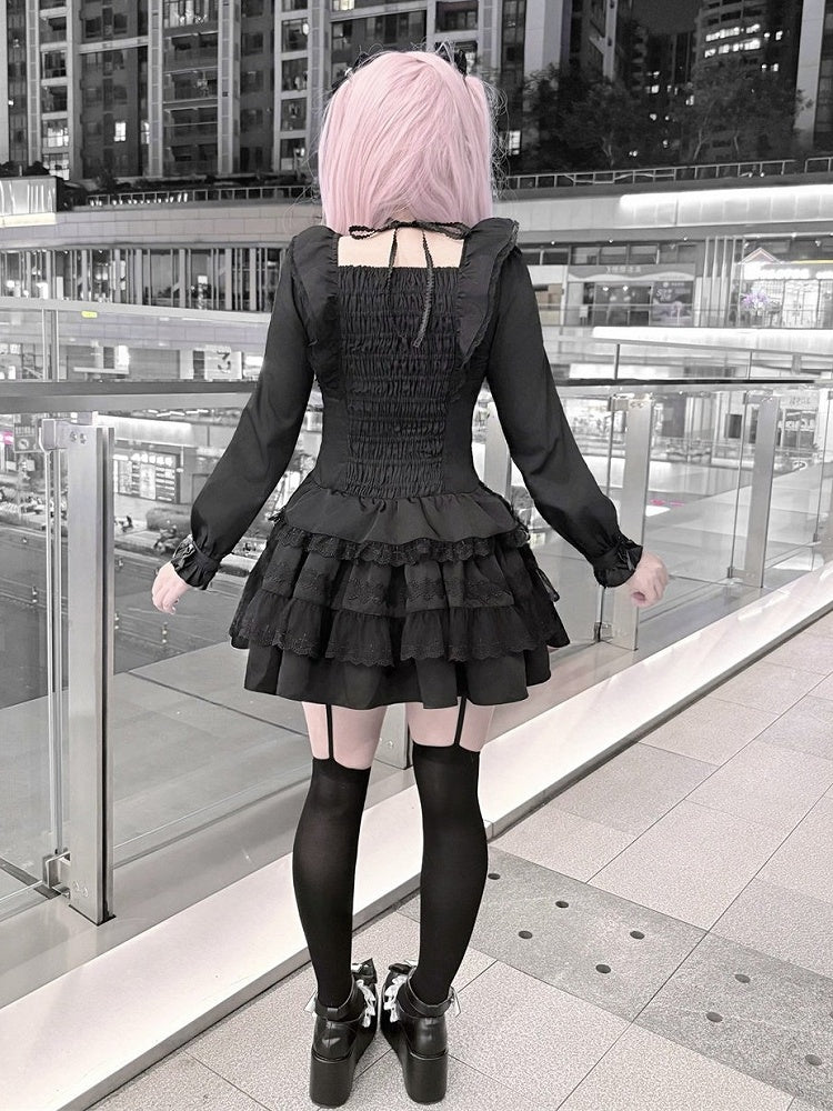 Jirai Kei Pure Black Halter-Neck Tiered Ruffle Dress with Bow Accents & Long Sleeves - Puppet Bombs