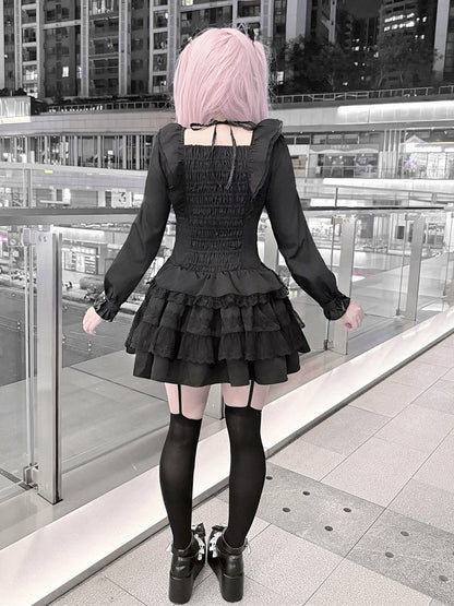 Jirai Kei Pure Black Halter-Neck Tiered Ruffle Dress with Bow Accents & Long Sleeves - Puppet Bombs