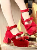 with Decor High Janes in Mary Block Red Heel Velvet Bow - Wine Clasp Heart