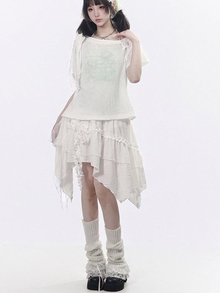 White Asymmetrical Cut Skirt with Lace Accents - PINK SAVIOR