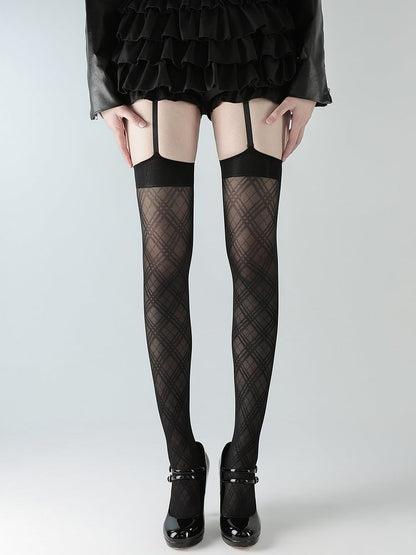Black Suspender Stockings Plaid Diamond Pattern