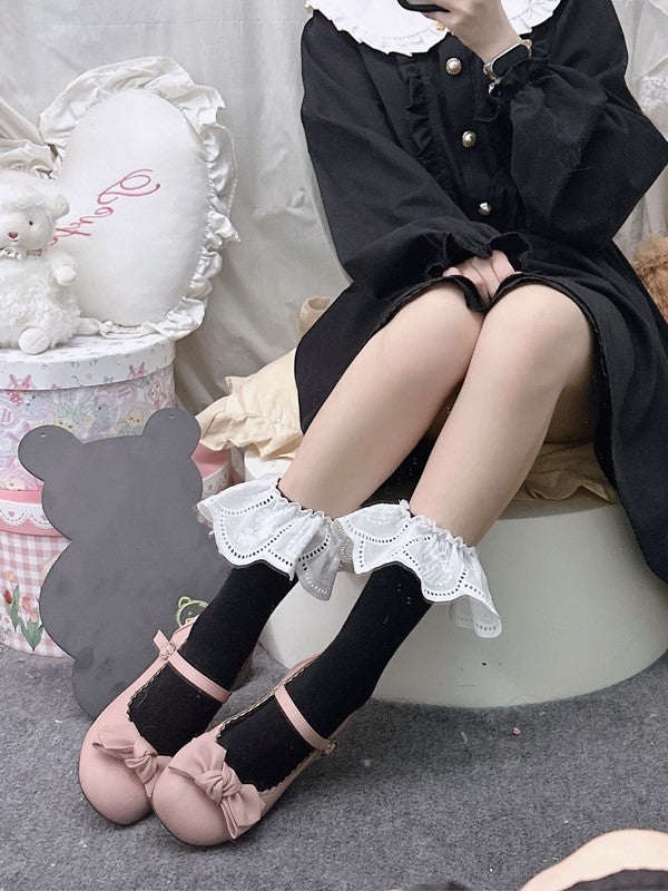 ブラック/ホワイトソックス 花柄 刺繍入り ふくらはぎカフス