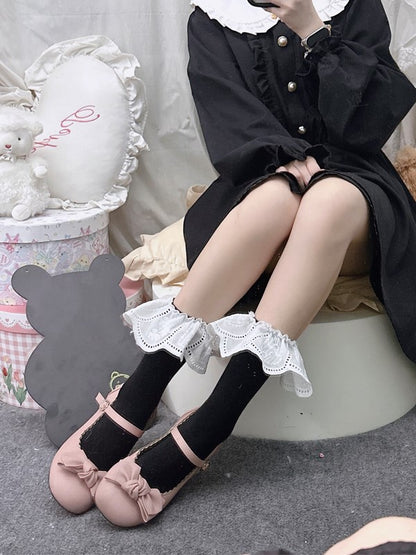 ブラック/ホワイトソックス 花柄 刺繍入り ふくらはぎカフス