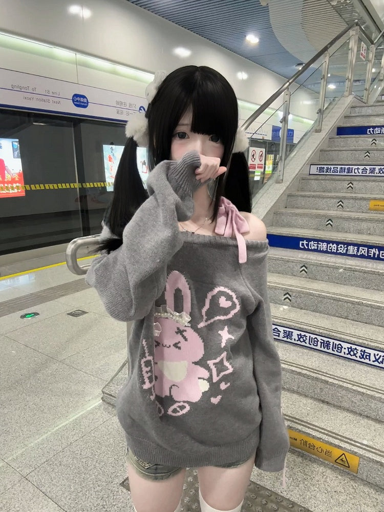 Print Sweater Pink with Gray Lace Off-Shoulder Rabbit