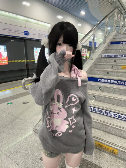 Print Sweater Pink with Gray Lace Off-Shoulder Rabbit