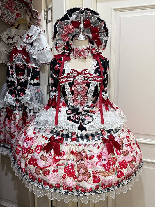 Black Bell Sleeves Sweet Lolita OP Dress with Strawberry Desserts Print - Miss Han