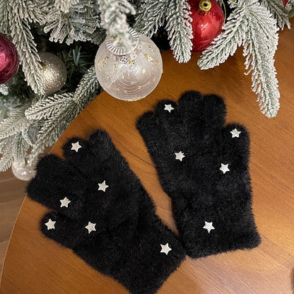 Schwarz/Weiße Lolita Star Plüschhandschuhe