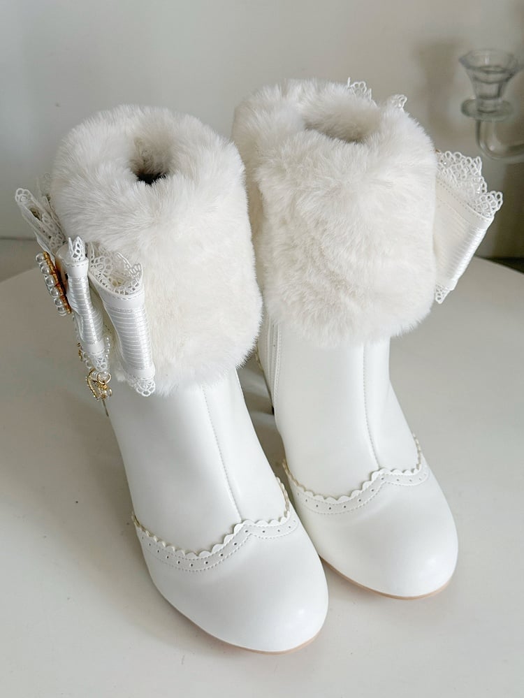 Rhinestone Cuff Bow Decor Boots - Heel and Sweet Beads Heart Off-white Winter Lolita Plush Design