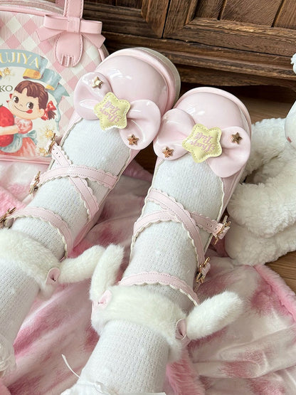 Strap with Pink Lolita - PU Detachable Sweet Puppy Mary Plush Ear Platform Janes Velcro Starry Ankle Theme