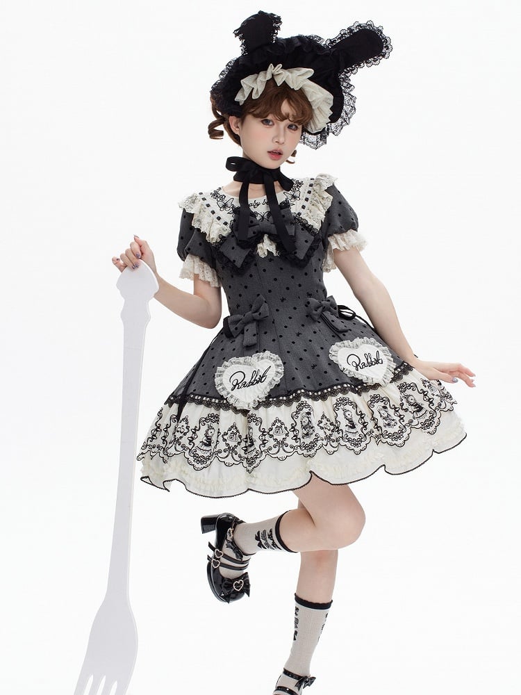 Gray Dot Sweet Lace-Trimmed Pattern Rabbit Dress Appliques with Polka Lolita Sweetheart