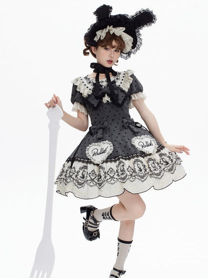 Gray Dot Sweet Lace-Trimmed Pattern Rabbit Dress Appliques with Polka Lolita Sweetheart