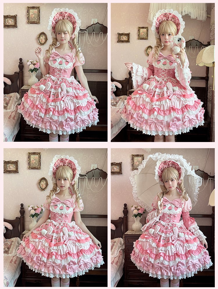 Four-pieces Pink Lolita Sweet Set-Tiered Creamy Strawberry Bunny