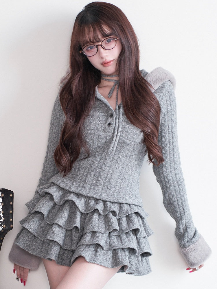 Gray Tie Hooded Kei Halter Style Cuffs Knit and Fur with Top Design Pure Faux Jirai