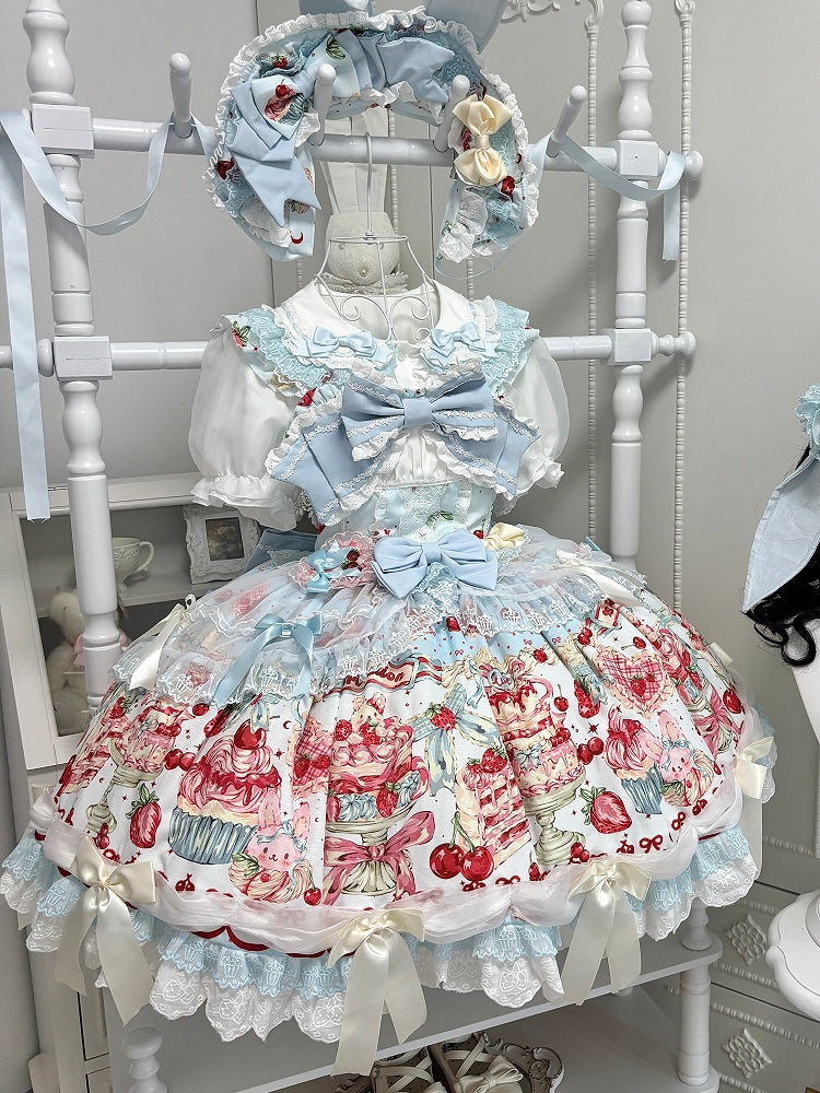 Rock Erdbeere Träger Kleid Rüschen Pullover Schleife Print Kuchen Lolita Akzente Süß und Blau