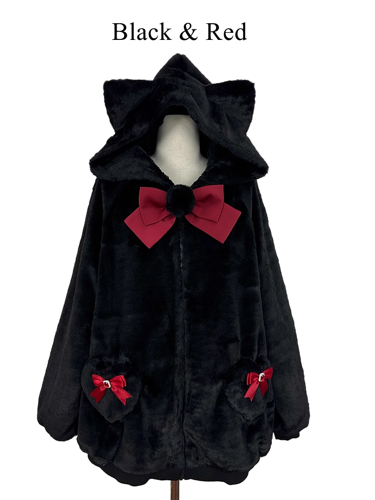 12 Kitty-Ear Jacket Bows Detachable Hooded with Pompom Jirai Available Colors Plush Kei