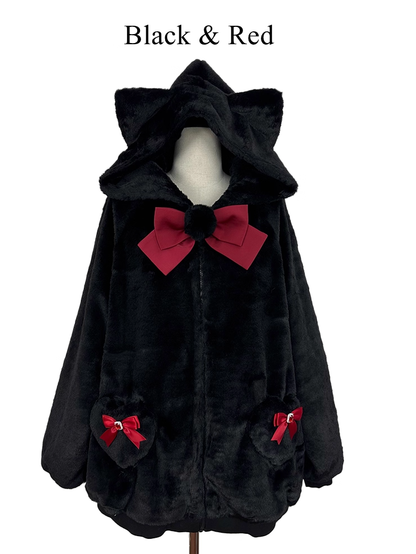 12 Kitty-Ear Jacket Bows Detachable Hooded with Pompom Jirai Available Colors Plush Kei