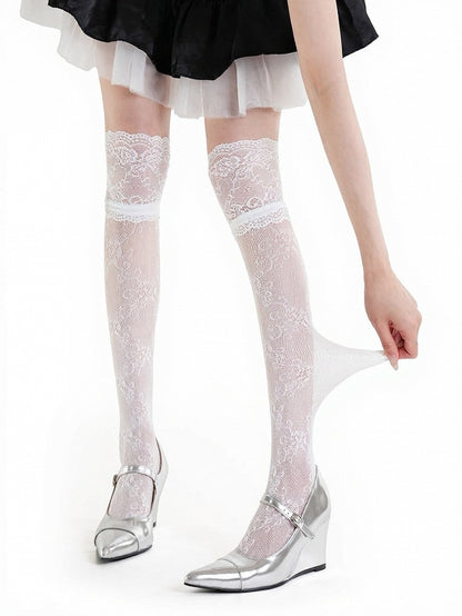 Four-Color Lace Trim Semi-Sheer Overknee Stockings - ModaSwings