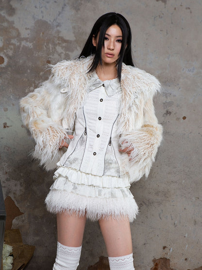 Punk with Fur White A-Line Trim Elastic Waist Tiered Skirt Faux
