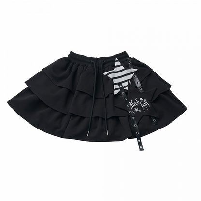 Applique Skirt Strap Drawstring Star Tiered Accents with and Black