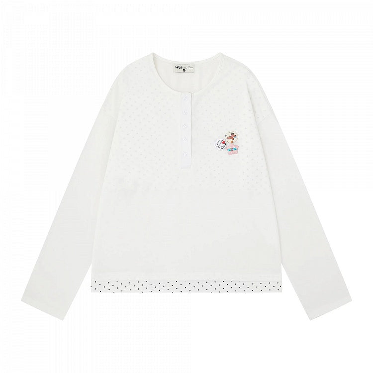Fake Two-Piece White Polka Dot Long Sleeve Top with Badge Accents - Languid Park