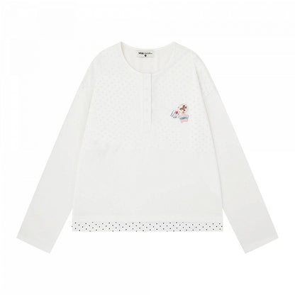 Fake Two-Piece White Polka Dot Long Sleeve Top with Badge Accents - Languid Park
