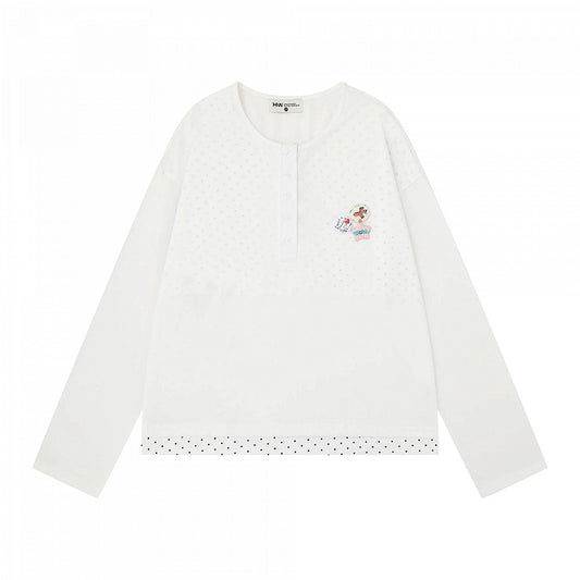 Fake Two-Piece White Polka Dot Long Sleeve Top with Badge Accents - Languid Park