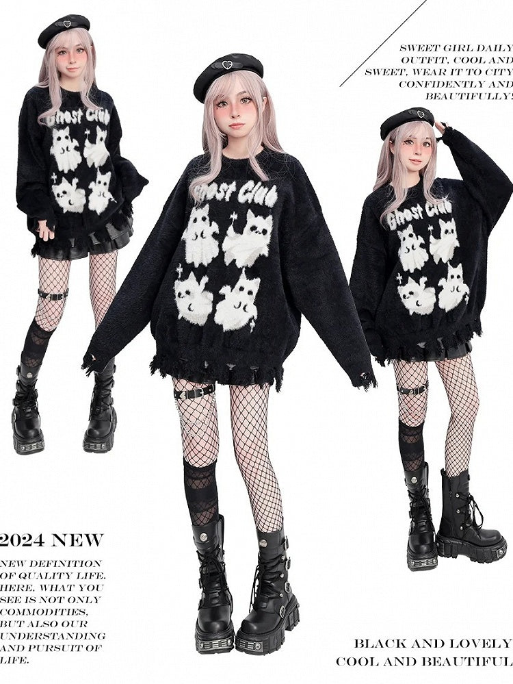 Süßer Geisterkatzen Distress Trim Schwarzer weicher Pullover