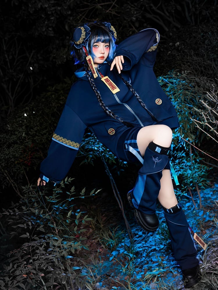 Navy Blue Leg Warmers with Embroidered Talisman and Copper Coin