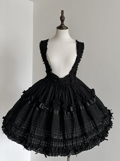Dark Checkered Multi-Tier Bow Lolita Jumperdress