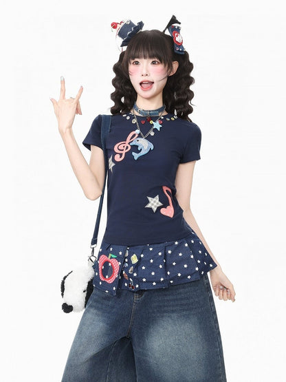 Kawaii Navy Slim Crewneck Tee with Music Note Embroidery and Buttons - Languid Park