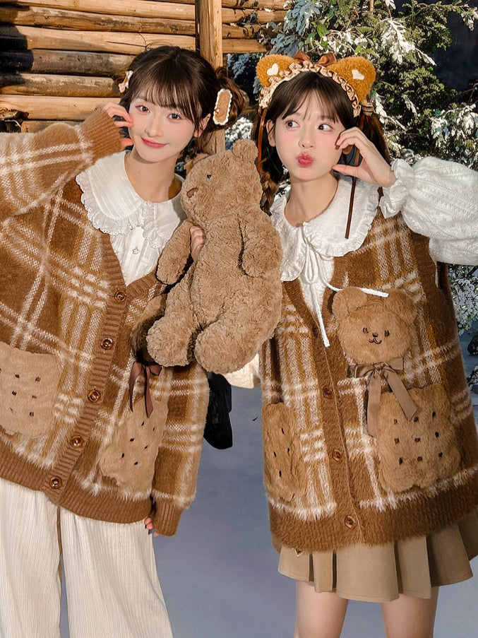 Brown Cute Cookie Bear Adorned Plaid Vest
