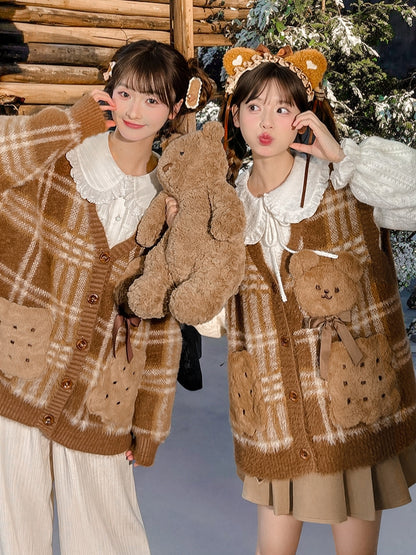 Brown Cute Cookie Bear Adorned Plaid Vest