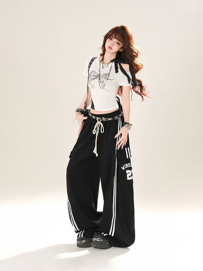 グレー/ホワイト カットアウトショルダー ボウプリントTシャツ