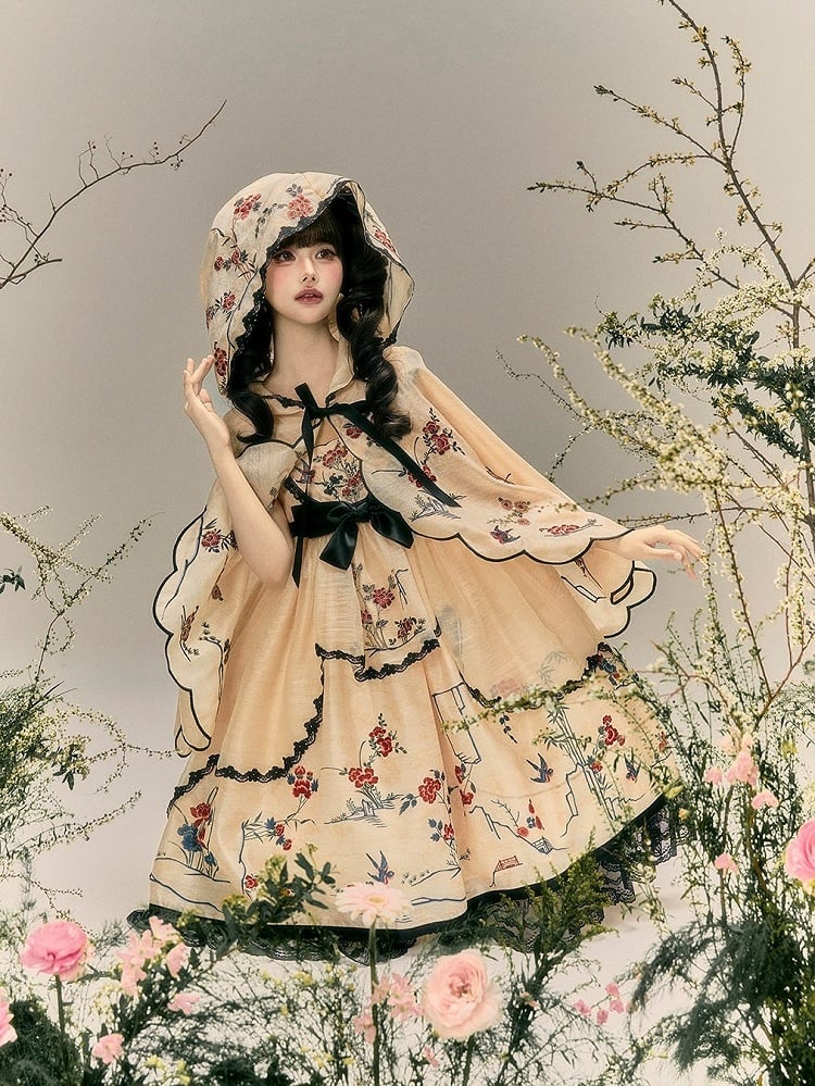 Hanfu Lolita Floral Bird Jumper Dress in Soft Yellow and Black - Yimu Walnut
