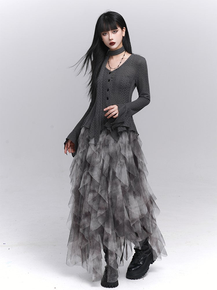 Hem Gray Knit Irregular Strap Gothic Sleeve Button-Down Cardigan with Neck