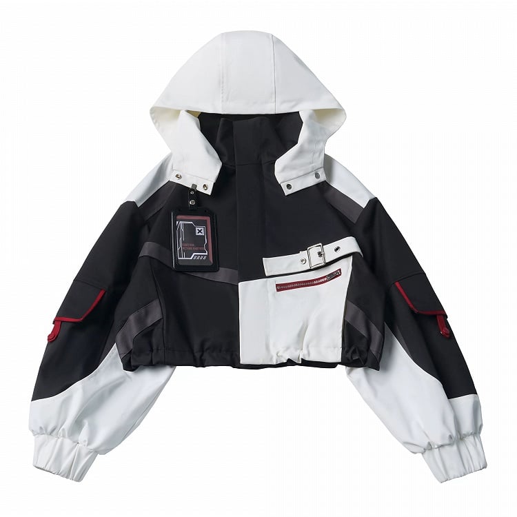 Techwear Kawaii Black White Asymmetric Hooded Jacket Buckle ID Badge - PINK SAVIOR