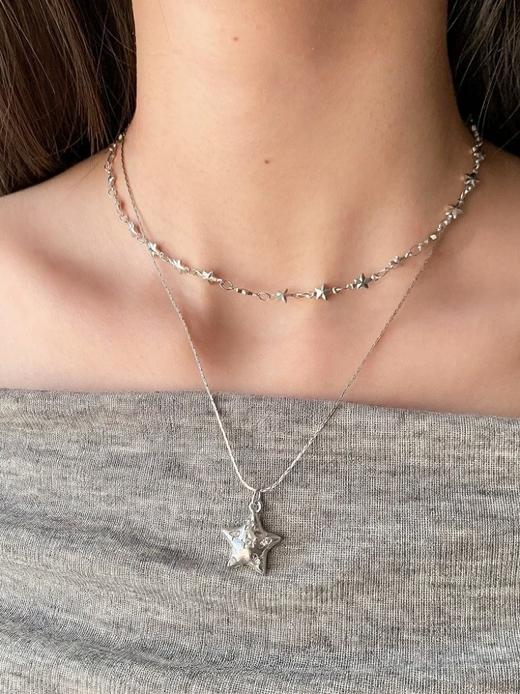 Silver Layered Star Pendant Necklace - YSHXS