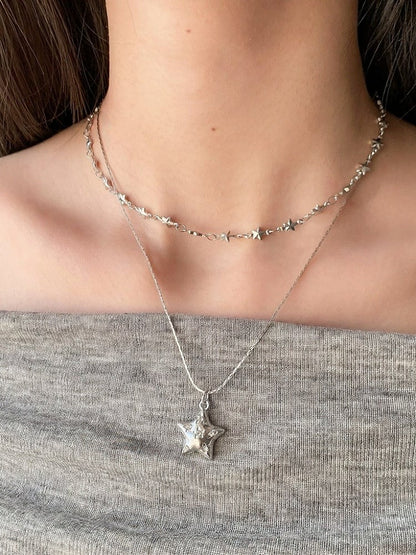 Silver Layered Star Pendant Necklace - YSHXS
