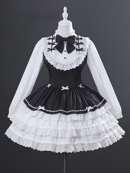 Tiered OP Black Classic Elegant White with Lolita Ruffles