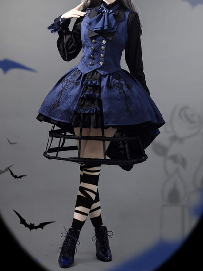 Schwarzes und dunkelblaues Ouji Lolita Fashion Prince Shirt mit Jabot