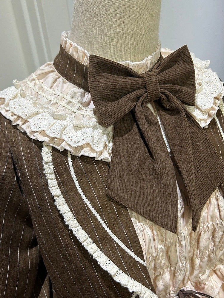 Fake Pieces Design Kaffee Cremig Lolita Haus Print Kleid Ärmel Lange Teddy Zwei