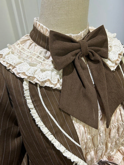 Fake Pieces Design Kaffee Cremig Lolita Haus Print Kleid Ärmel Lange Teddy Zwei