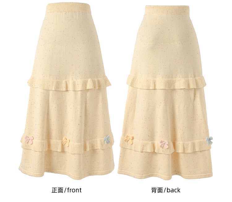 イエローのリボンがアクセントのハイウエストニットミディ丈スカート