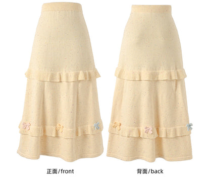 イエローのリボンがアクセントのハイウエストニットミディ丈スカート